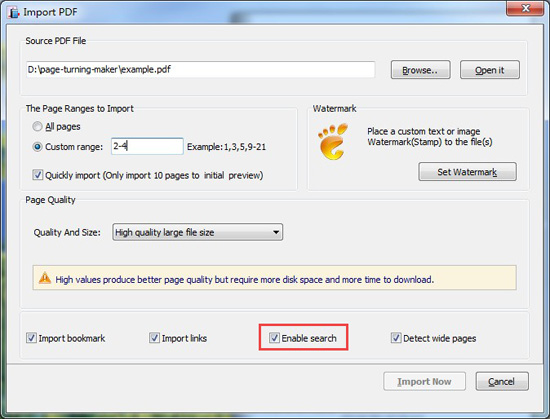 Enable search for page turning book